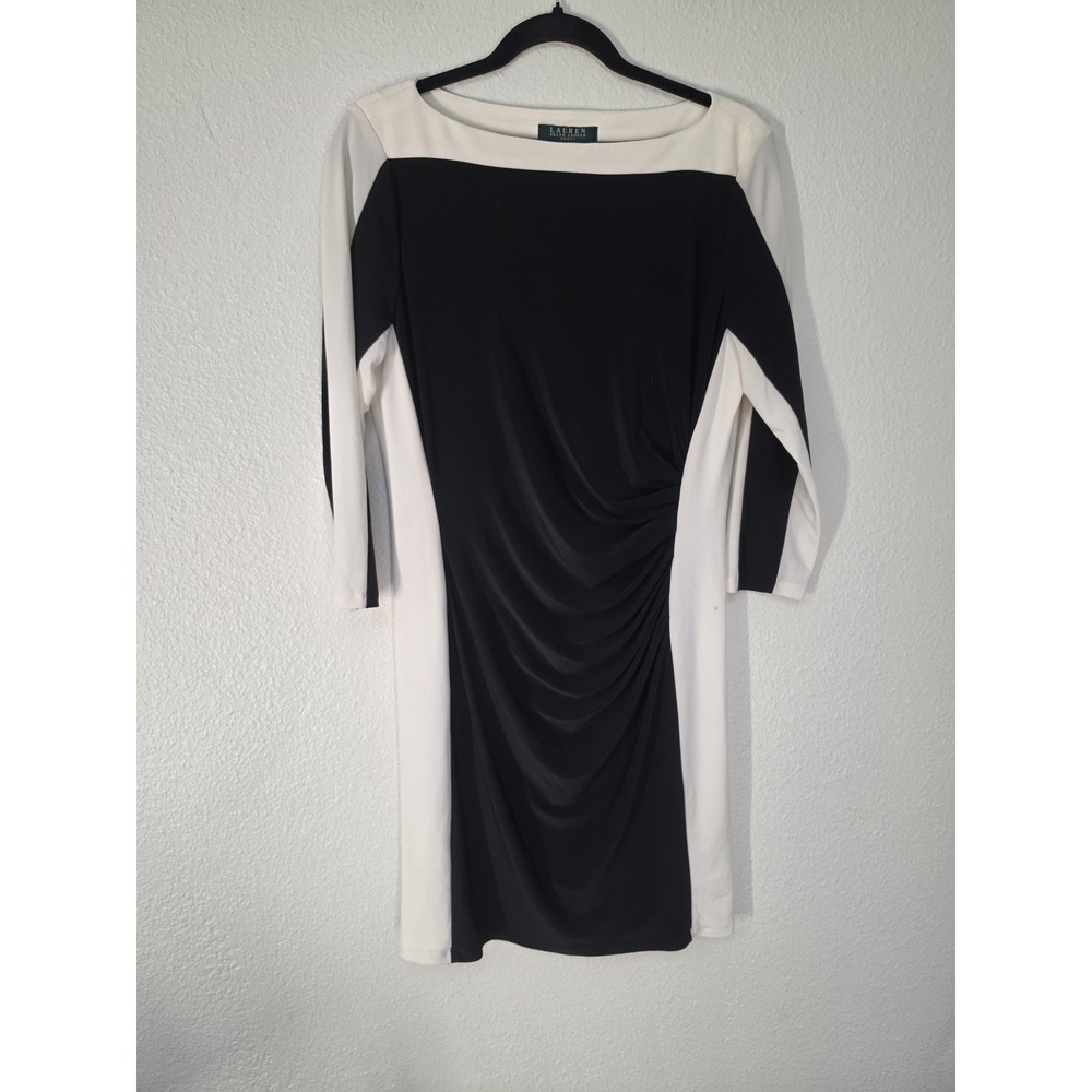 Lauren Ralph Dress 14P Colorblock Black White Formal Crew Neck Shift